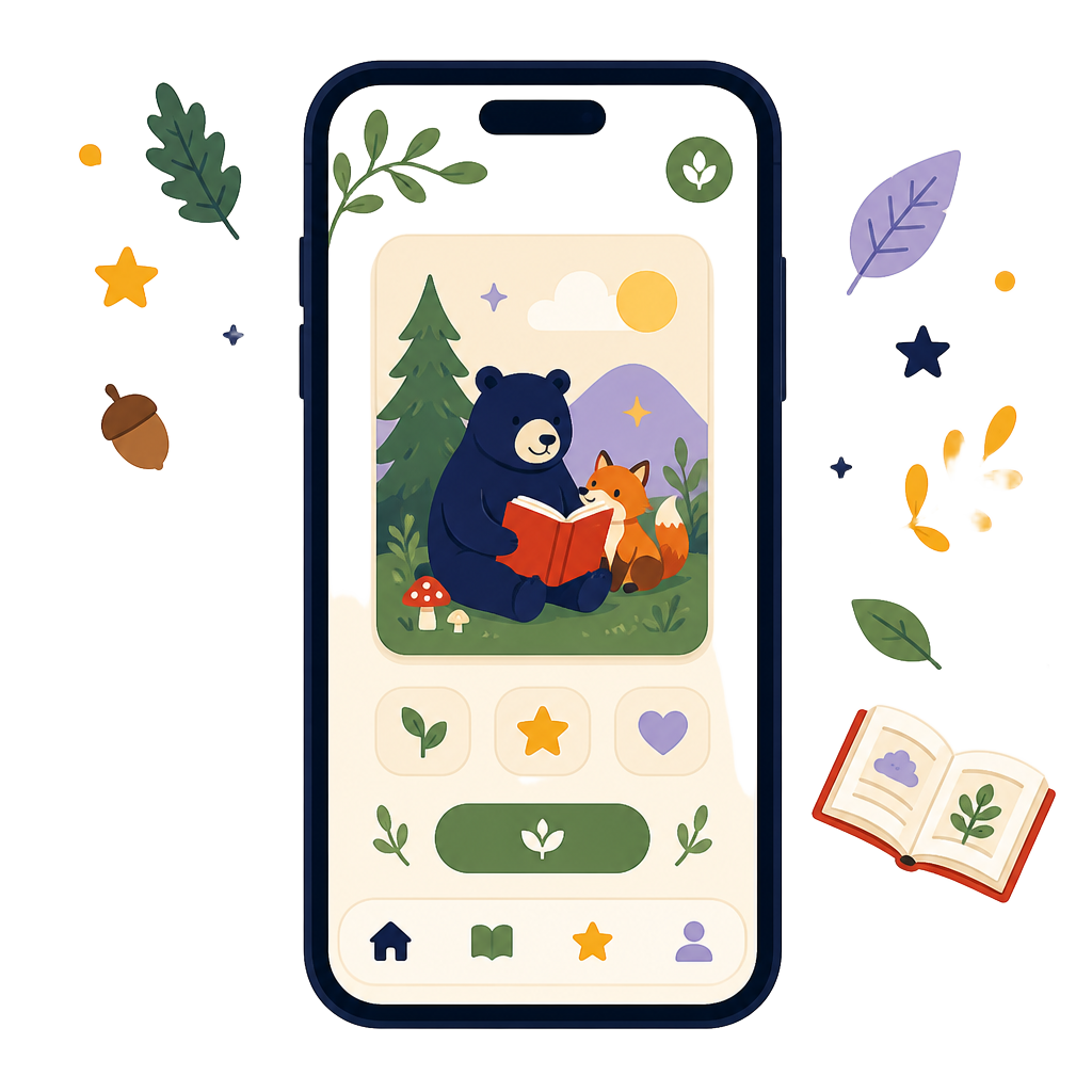 Ilustração de um celular exibindo o aplicativo da Editora Gnomo cercado por folhas, estrelas e um livro aberto